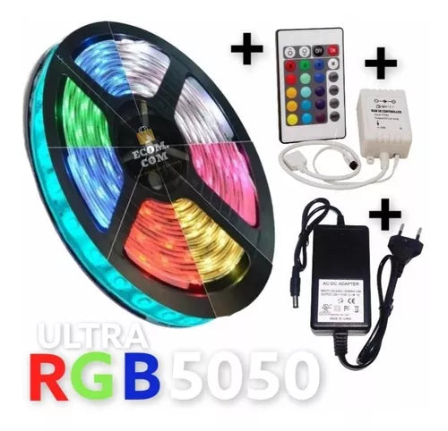 Fita Led Rgb 5050 Rolo 5m Com Fonte 12v 3a E Controle Remoto